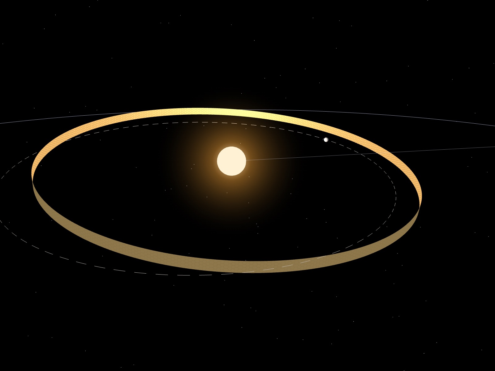 Render of the Sun with a golden band of solar panels circling it, slightly tilted, just outside Mercury’s dashed orbit; Earth’s orbit arcs far behind.